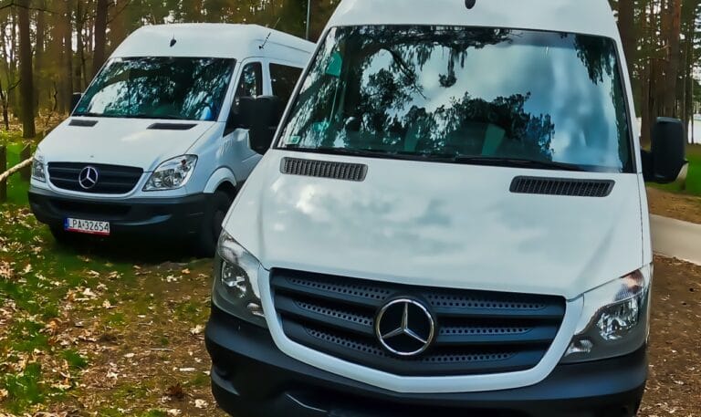 Ośmioosobowe busy Mercedes zaparkowane w lesie nad jeziorem